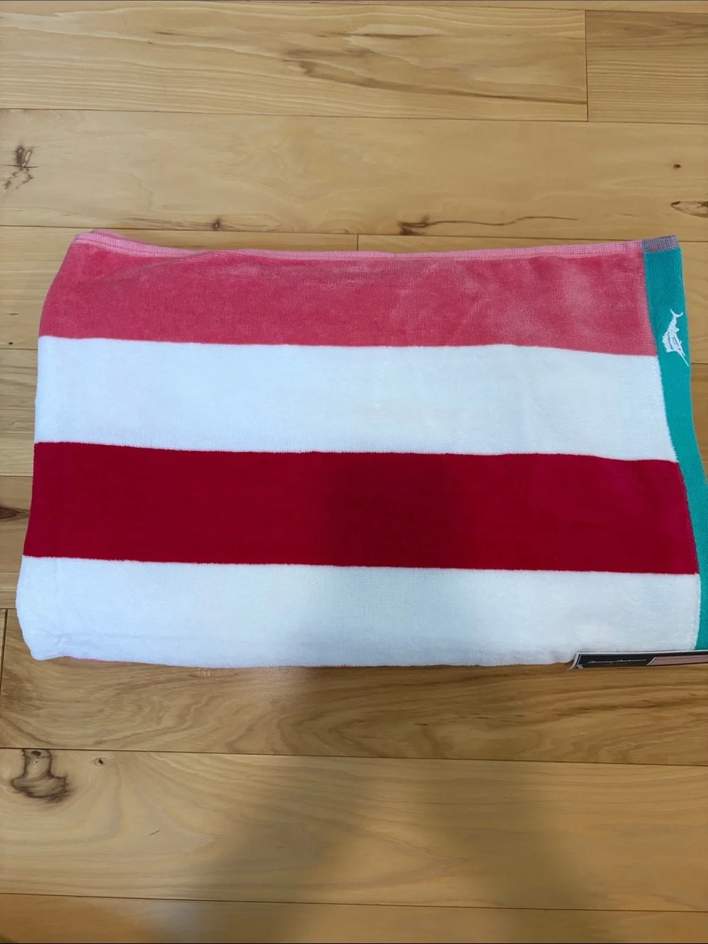 Tommy Bahama Pink Red White Striped Beach Towel with Teal Border